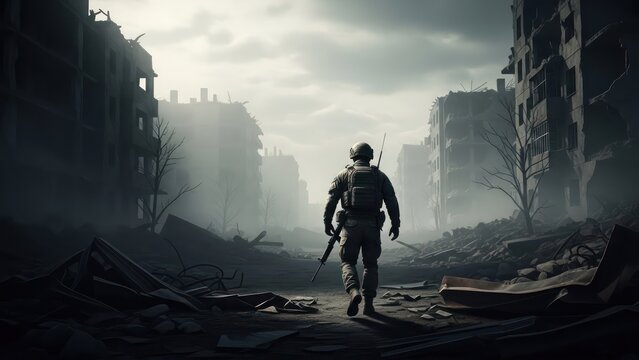 Solitary figure navigating the devastated remains of a city landscape after conflict