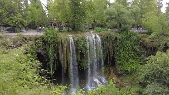Lush Green Waterfall and Cave in Duden Waterfall Park, Antalya Turkey