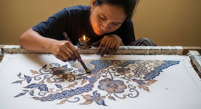 Indonesian Artisan Carefully Drawing Traditional Batik Patterns Using Canting Tool.