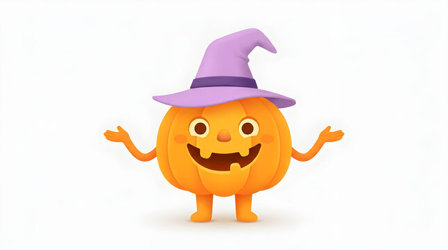 Smiling pumpkin character wearing purple witch hat on white