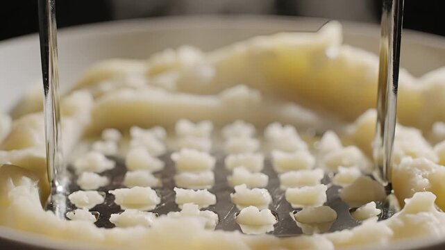 Close up of a potato masher crushing cooked potatoes in a bowl.