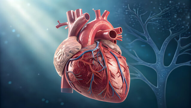 Anatomical illustration of the human heart with attached major blood vessels
