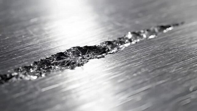Closeup Macro Shot of a Deep Scratch on a Brushed Metal Surface.