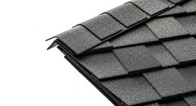 Close up of dark grey asphalt roof shingles on white background.