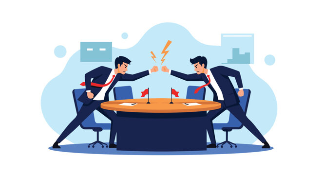 Two angry businessmen having a heated argument and confrontation across a conference table with lightning symbols showing conflict.