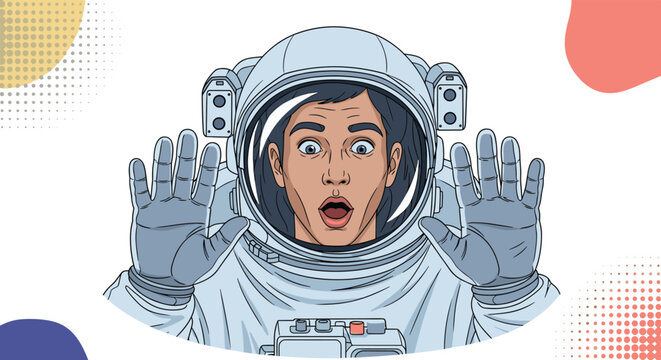 Close up portrait of a surprised female astronaut looking out from her space helmet with wide eyes and open mouth in a comic style.