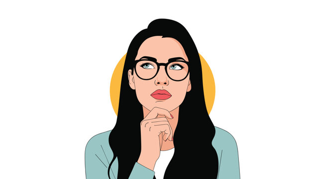 Smart young woman wearing glasses looking up thoughtfully with her hand on her chin against a yellow circular background on white.