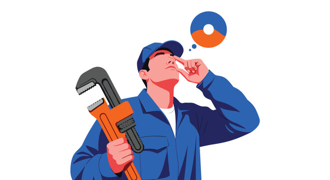 Maintenance worker wearing a blue uniform and cap holding a large pipe wrench while looking up thoughtfully with a small thought bubble.