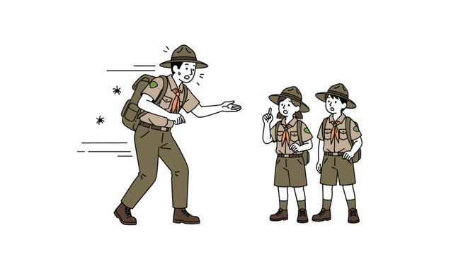 Scared scout leader running away from a swarm of bees while two children in scout uniforms watch with surprised expressions on their faces.