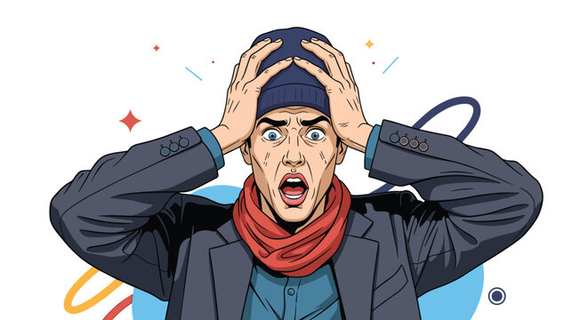 Surprised man in suit and winter cap with scarf holding his head and expressing shock or disbelief against a white background.