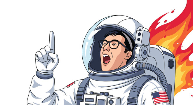 Excited astronaut in space suit pointing finger up and shouting with a backdrop of red and orange flames or rocket exhaust.