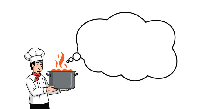 Happy male chef in white uniform holding a large cooking pot with flames and a big empty thought bubble for text.