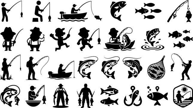 Fisherman vector silhouettes including cartoon characters and realistic fish icons on transparent background for logo design and outdoor recreation advertising themes.