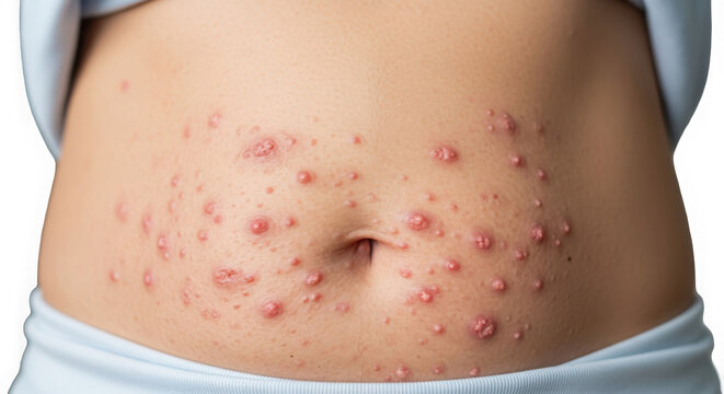 Close-up of a person with facial acne and skin inflammation isolated on transparent background