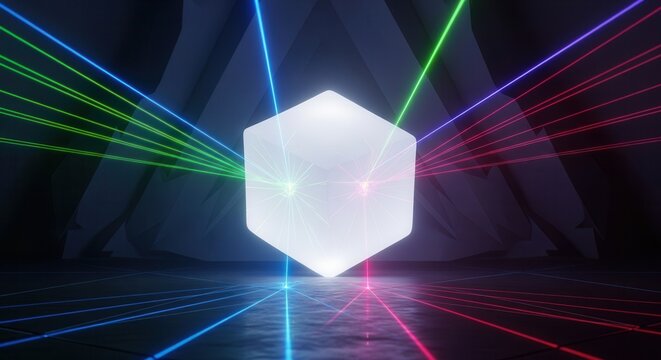Glowing hexagonal prism with vibrant laser beams in dark environment.