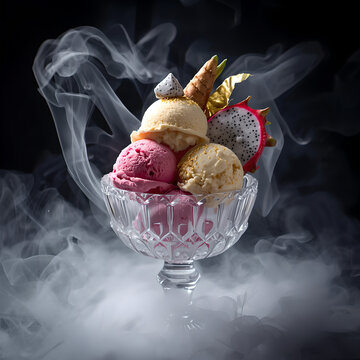 Dragon fruit ice cream sundae with heavy smoke effects