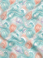 Ocean shell waves watercolor seamless pattern