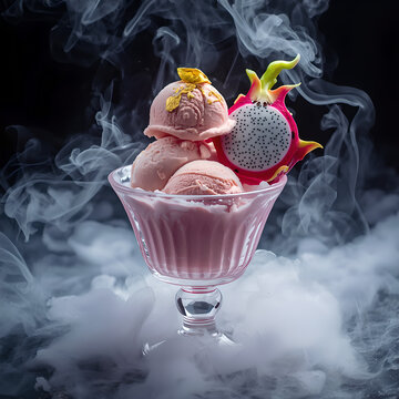 Dragon fruit ice cream sundae with heavy smoke effects