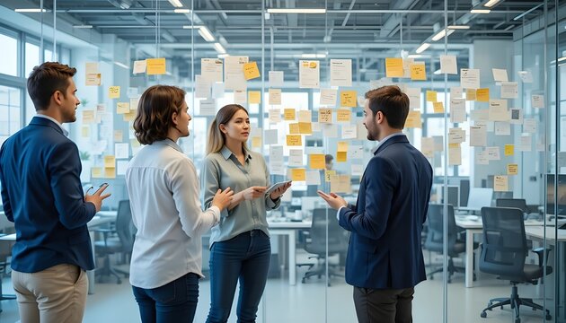 A group of business professionals engaged in a discussion in a modern office with a wall of sticky notes