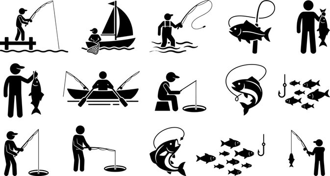 Comprehensive fishing iconography including ice fishing sailboat and school of fish silhouettes for specialized sports marketing and recreational app interface design.