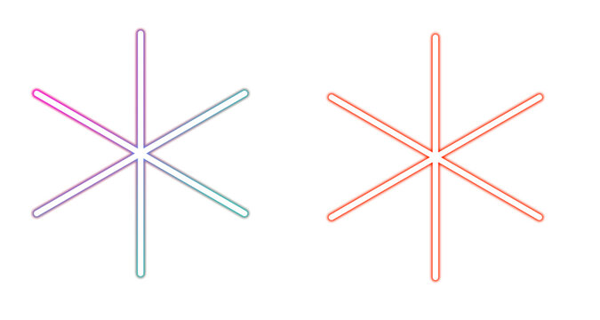 Minimalist neon asterisk symbols, glowing geometric star icons in pink and orange, modern linear graphic elements on white background