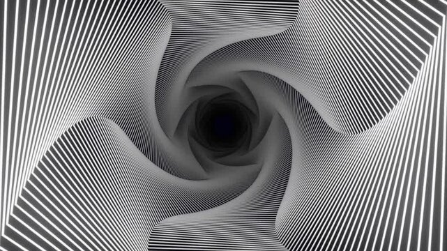 An abstract animation featuring a geometric spiral tunnel in black and white. The precise, rotating linear lines create a dynamic, hypnotic, optical illusion (op art) effect, 