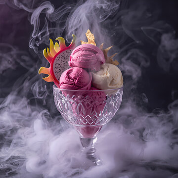 Dragon fruit ice cream sundae with heavy smoke effects