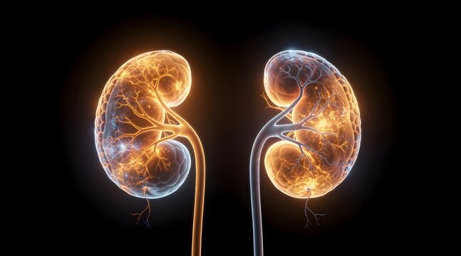 Human Kidneys with Glowing Internal Structure on Black Background.