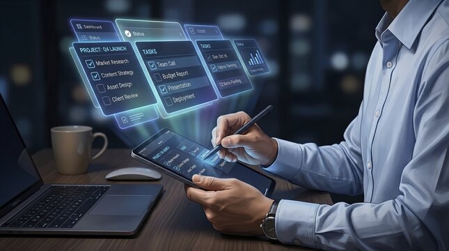 Programmer working on code with holographic interface and laptop in modern office at night