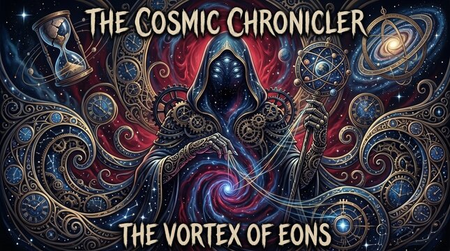 Mystical hooded figure controlling the cosmic vortex of time and space in a surreal fantasy illustration.