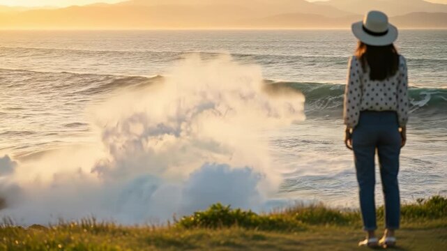 夕暮れの海岸で激しく岩にぶつかる大波を丘から見つめる女性