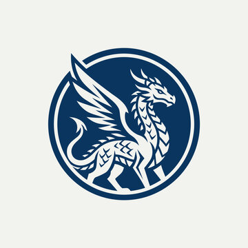 Majestic Winged Dragon Emblem Graphic - Mythical Fantasy Creature Illustration in a Circular Frame