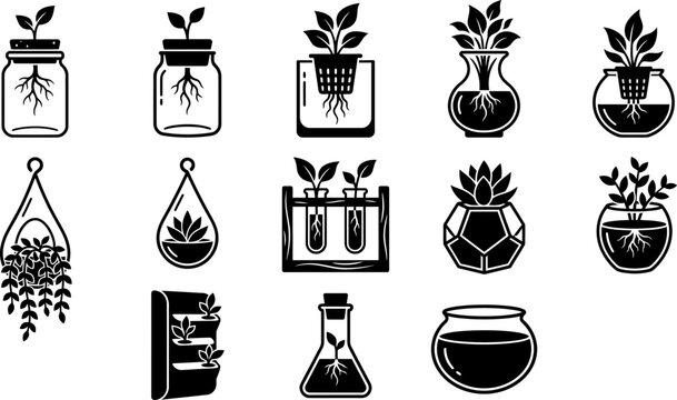 Hydroponic plant propagation icons set featuring various clear glass jars vials test tubes and hanging terrariums for growing domestic seedlings in liquid medium vector.
