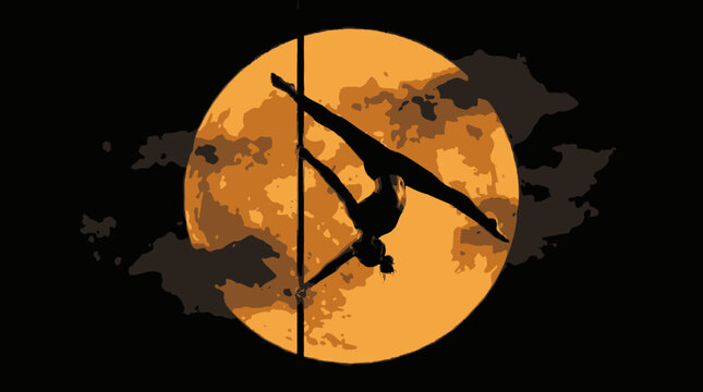 Silhouette of a pole dancer performing an athletic split pose against a full textured orange moon and dark clouds at night. Fitness, strength, artistry concept.