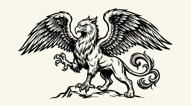 Majestic Griffin mythical creature illustration. Ancient fantasy beast with eagle head, lion body, and powerful wings.