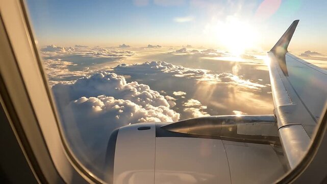 Airplane wing over golden clouds at sunrise through window
