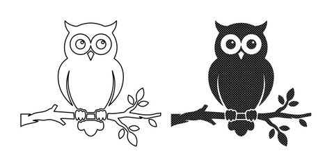 Obraz premium Minimalist Owl Icons, Black and White Vector Silhouettes, Perched on Branch, Woodland Creature Graphics, Simple Bird Art for Nature Themes