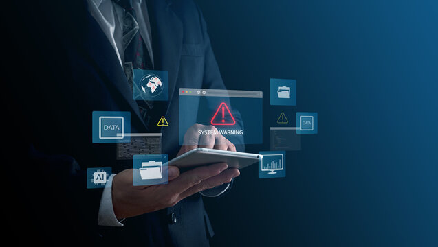 Concept of cybersecurity risk detection, data error interface, IT failure dashboard shown through. Business professional touching glowing digital warning icon virtual screen environment.