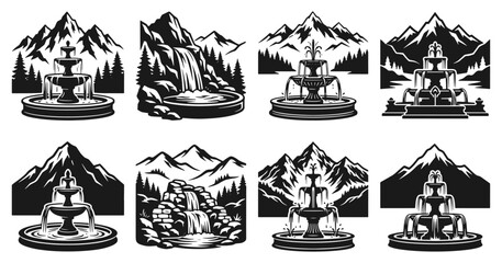 Fountain waterfall silhouette vector, Set of black and white vintage landscape illustrations featuring a mountain waterfall and a classic tiered fountain © Uttham