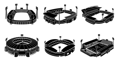 Football and soccer sports stadium architecture silhouettes vector, professional arena and arena field layout icon set, stadium, arena, sport, soccer, football, architecture, structure © Uttham