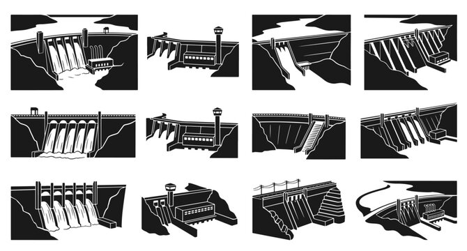 Industrial hydroelectric water dam power station vector silhouettes, concrete reservoir wall and spillway barrage engineering icon set