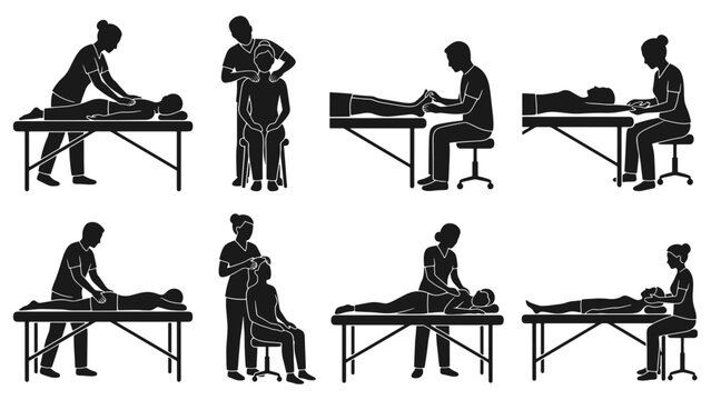 Physical therapy and body massage silhouettes vector set, professional chiropractor and masseuse treating patient icon collection, massage, therapy, physical, body, therapist