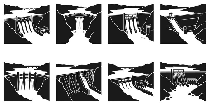 Mountain river dams and water reservoir vector silhouettes, hydroelectric infrastructure and floodgate concrete wall icon set
