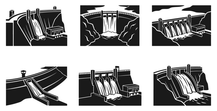 Hydroelectric water dam power station vector silhouettes, industrial reservoir and river barrage landscape icon set