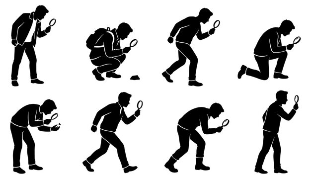 Vector set of investigator silhouettes searching for clues with a magnifying glass isolated on white background