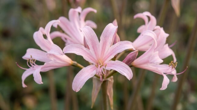 Close-up of delicate pink Nerine bowdenii flowers blooming in a garden setting, soft focus.