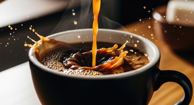 Freshly Brewed Coffee Pouring into a Ceramic Mug with Splashes and Droplets.