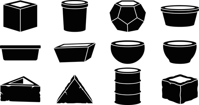 Collection of empty planter and flower pot silhouettes isolated on transparent background different geometric and abstract forms for plant display vector set design.