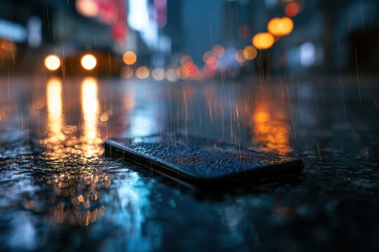 Waterproof mobile phone resting on wet night pavement with glowing city bokeh and heavy rain for electronic durability and tech marketing