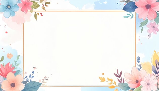 Floral School Frame Pastel Background with Soft Watercolor Spring Flowers Elegant Aesthetic Border Empty Copy Space Template for Teacher Day Mother Day Greeting Card Graduation Banner